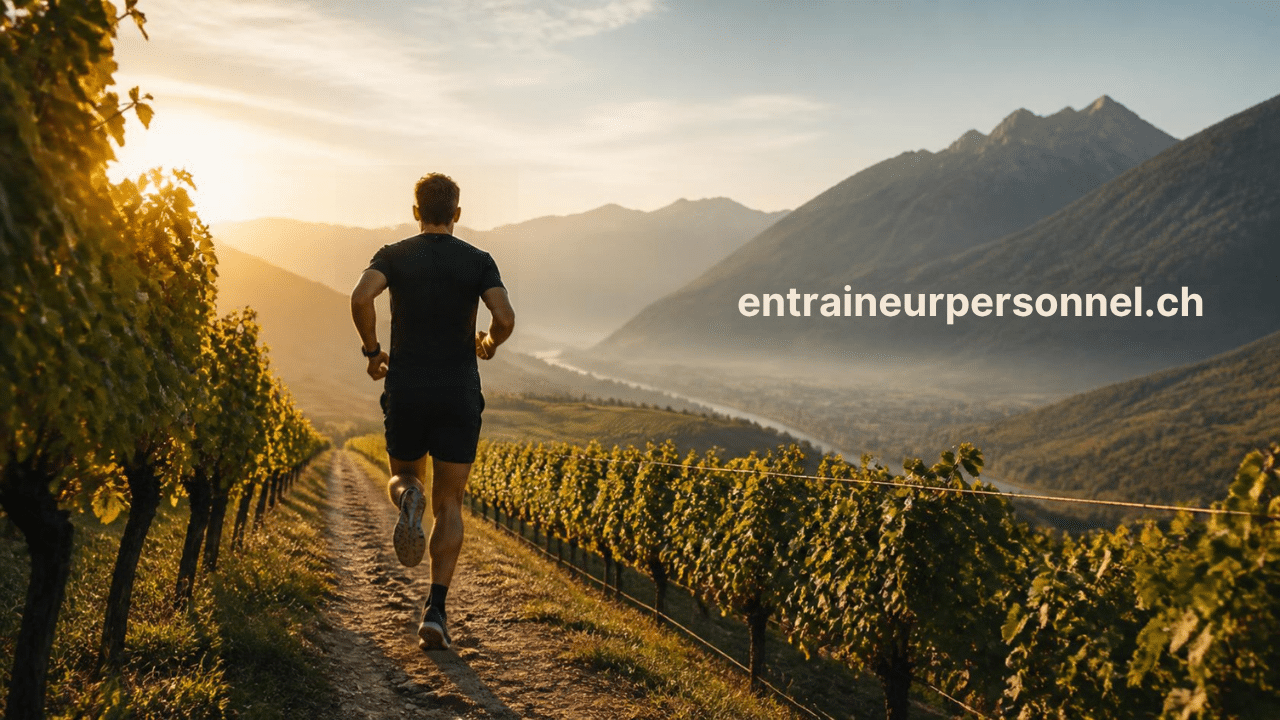 Coureur sur un chemin entre les vignes en Valais pendant un entraînement de 5 kilomètres