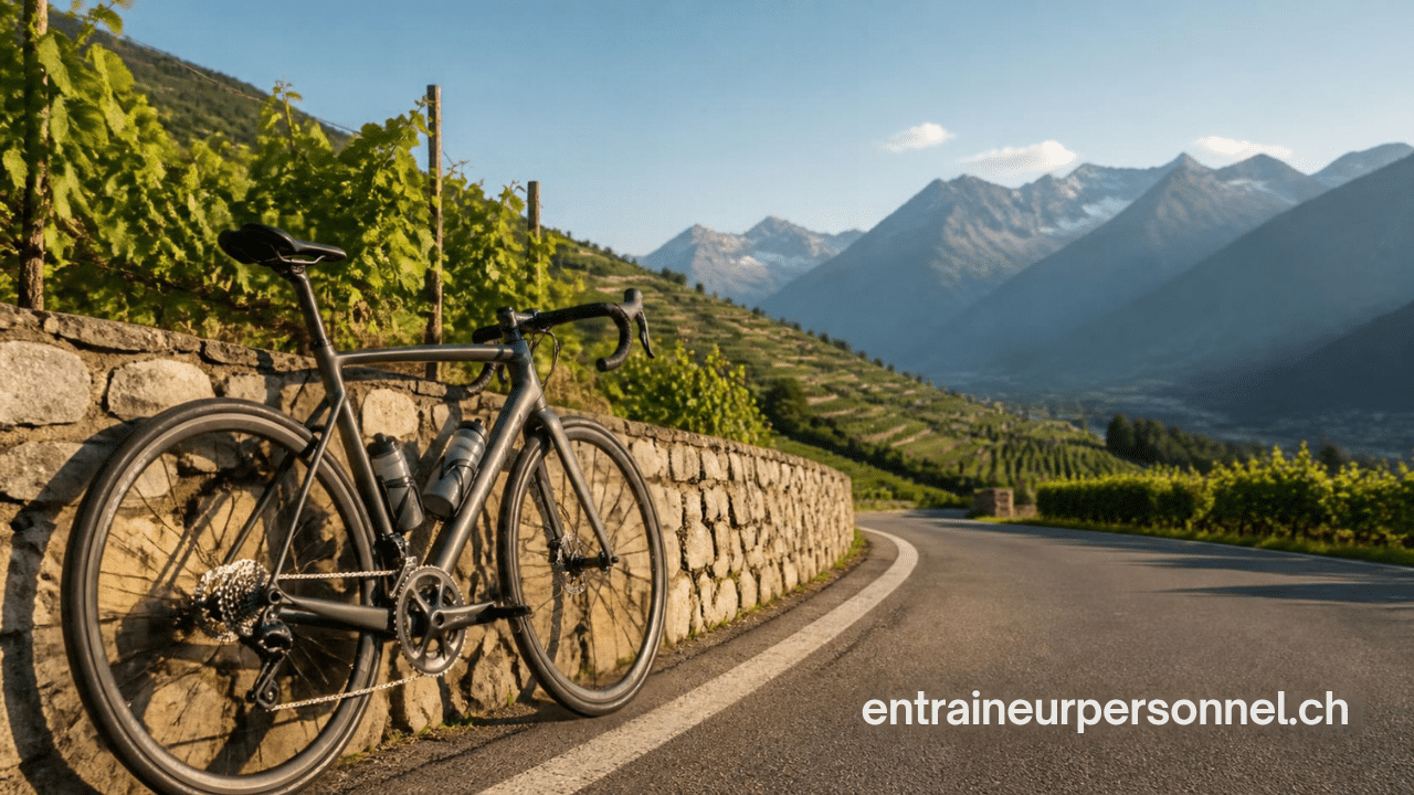 Vélo de route au bord d'une route de montagne en Valais
