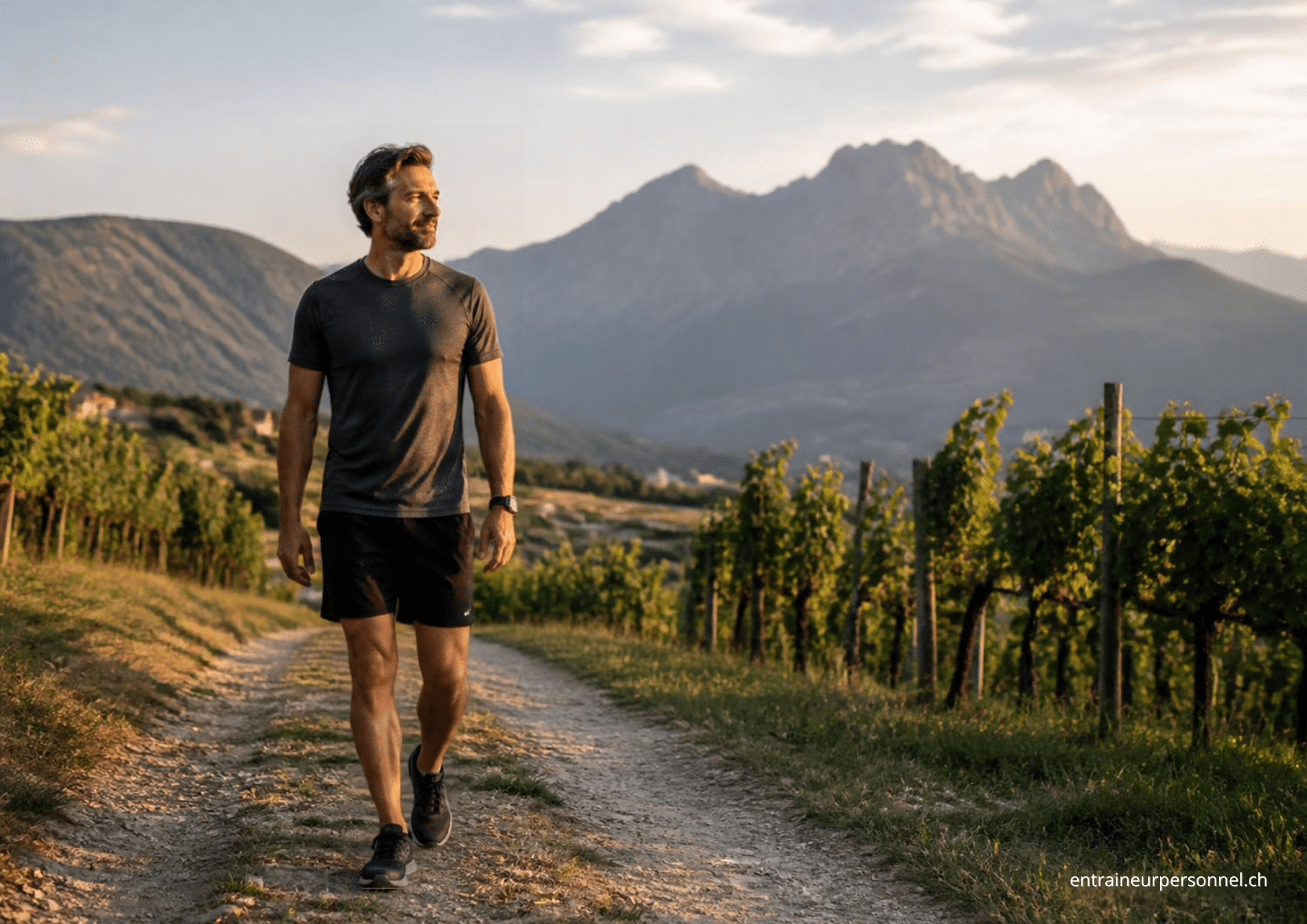 Marche tranquille sur un chemin entre les vignes, un jour de récupération