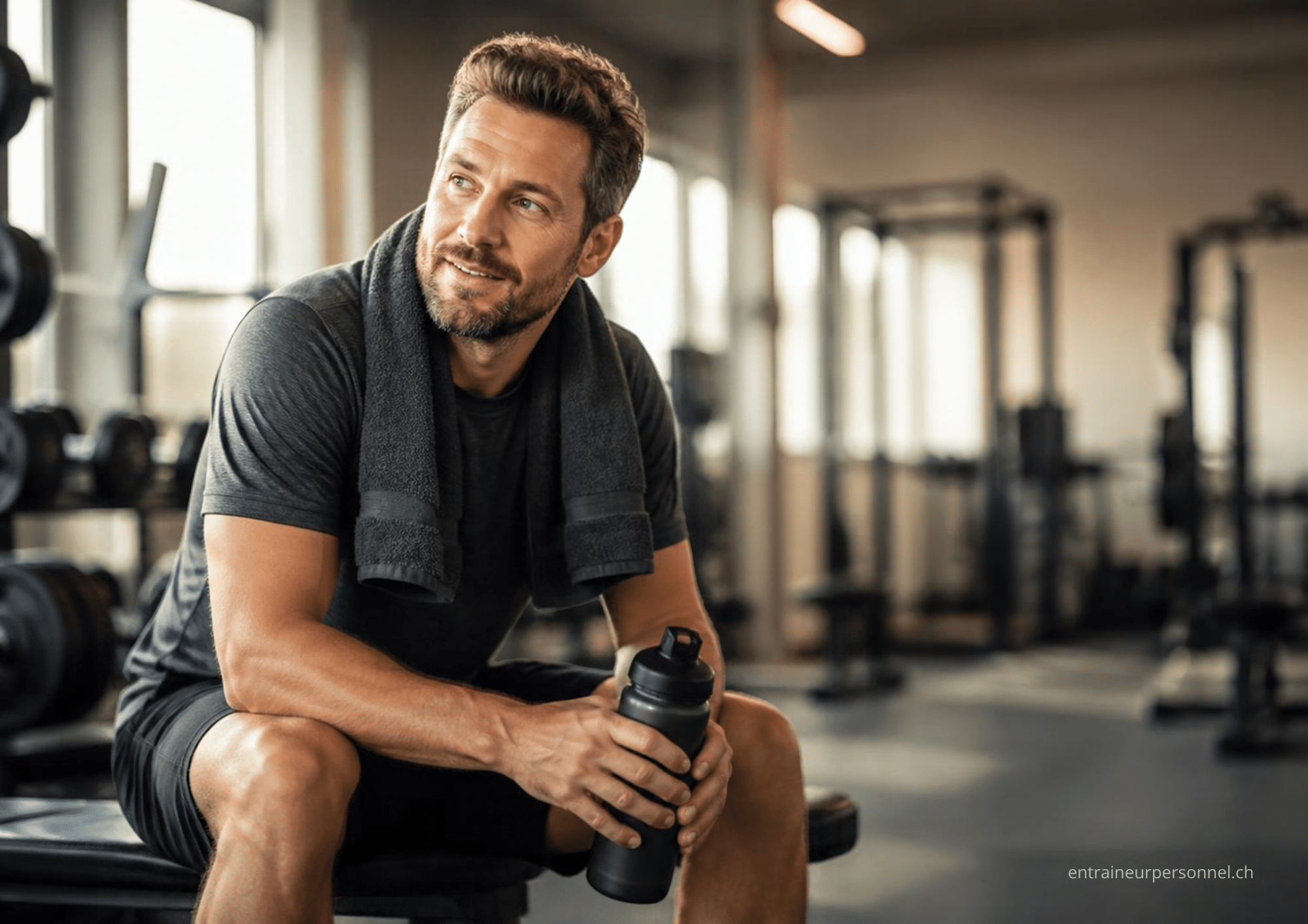 Sportif au repos sur un banc après l’entraînement, gourde à la main