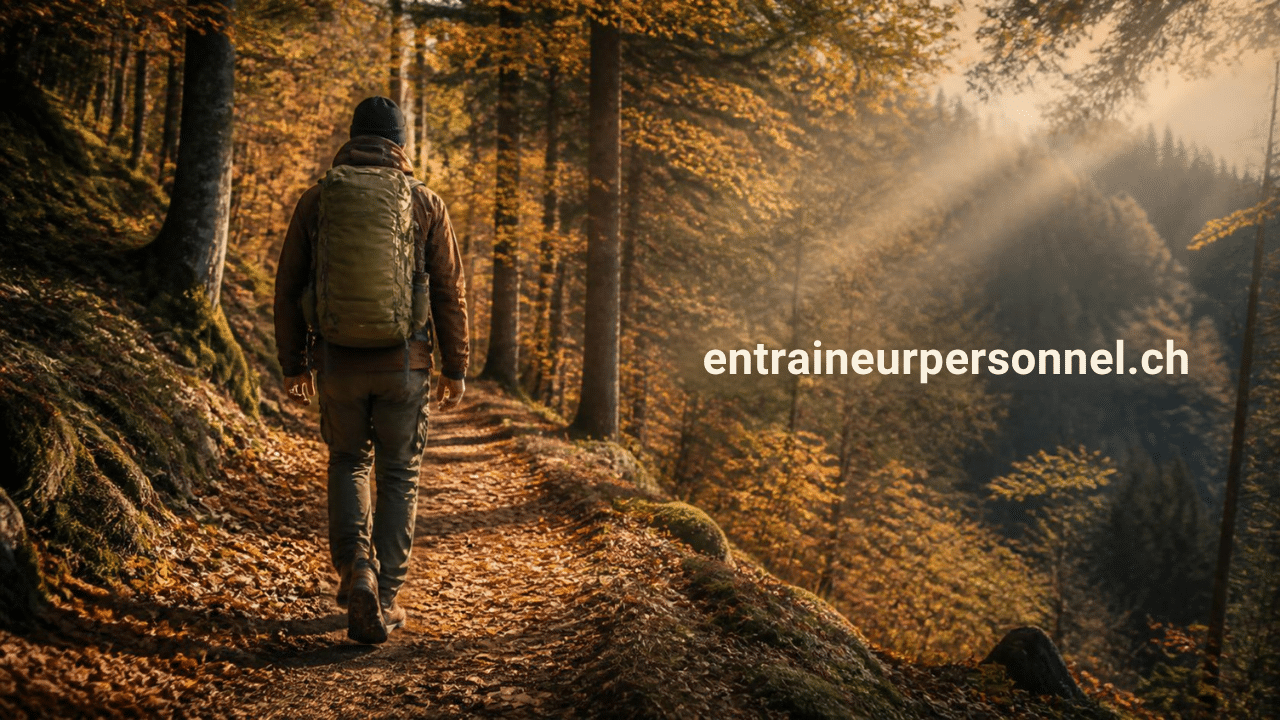 Marcheur de dos avec un sac à dos lesté sur un sentier forestier, pratique du rucking