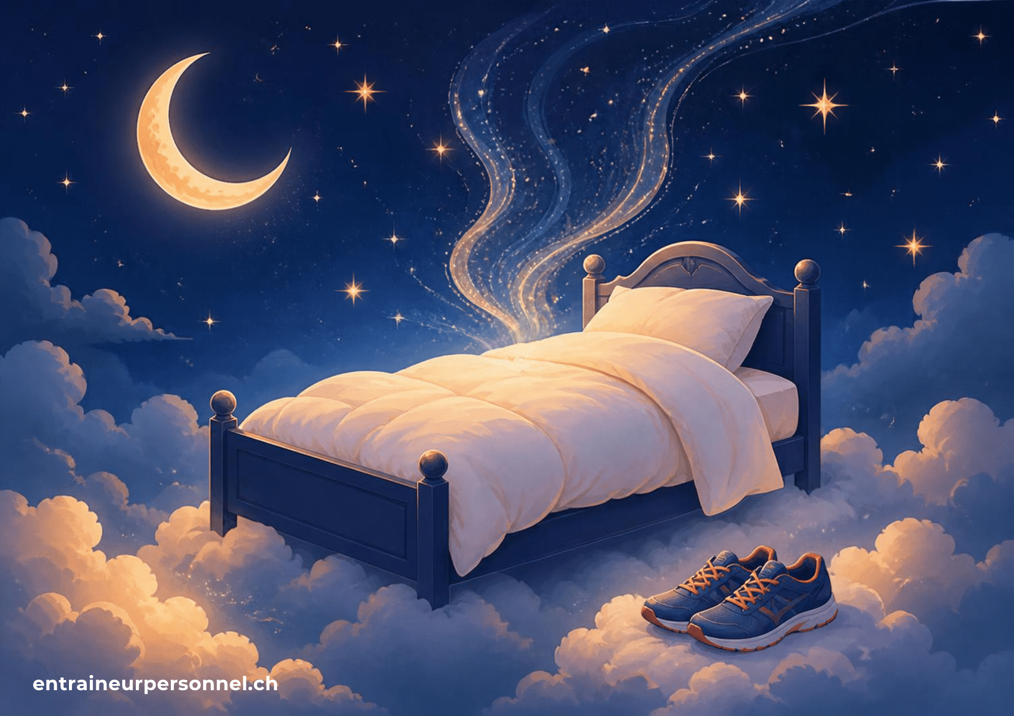 Illustration onirique d’un lit flottant parmi les nuages, la lune et les étoiles, chaussures de course au pied du lit