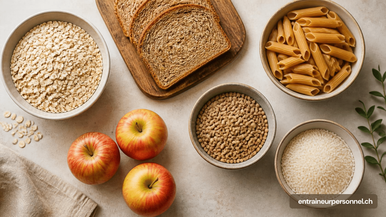 Aliments courants à indice glycémique bas et élevé : avoine, pain, pâtes, lentilles et fruits